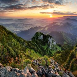 Mountain valley during sunrise. Natural summer landscape in Slovakia